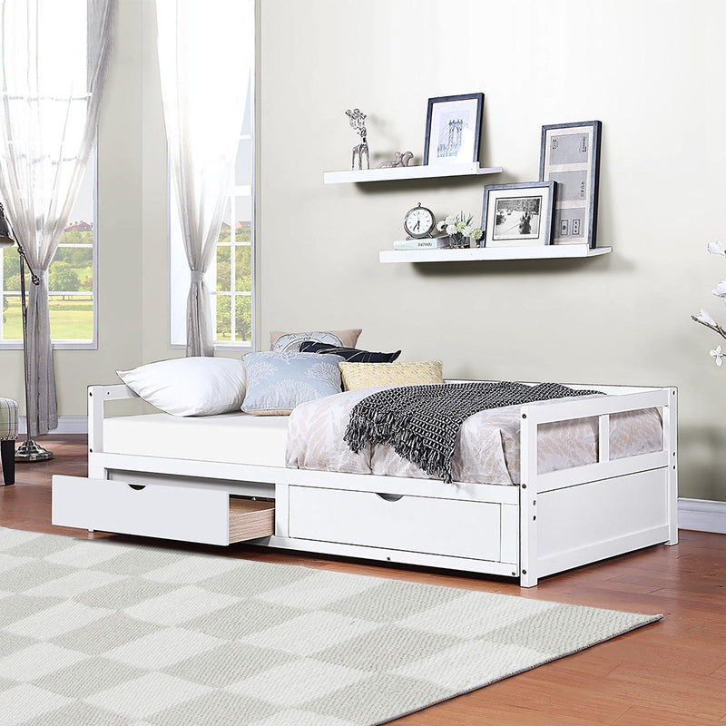 Wooden Daybed with Trundle Bed and Two Storage Drawers , Extendable Bed Daybed,Sofa Bed for Bedroom Living Room,White - Supfirm