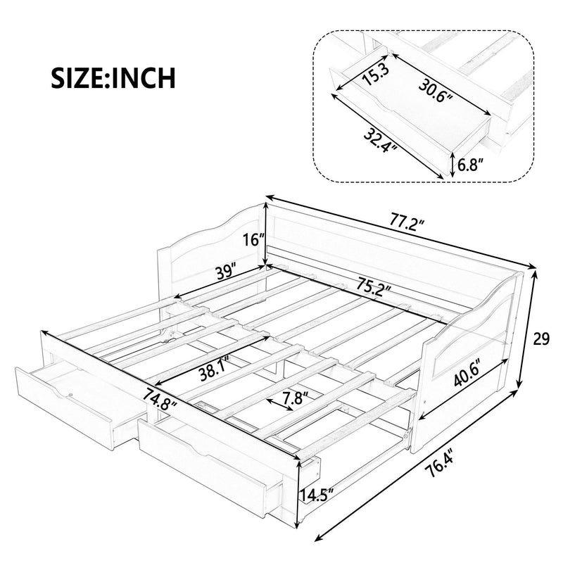 Wooden Daybed with Trundle Bed and Two Storage Drawers , Extendable Bed Daybed,Sofa Bed with Two Drawers, Espresso - Supfirm