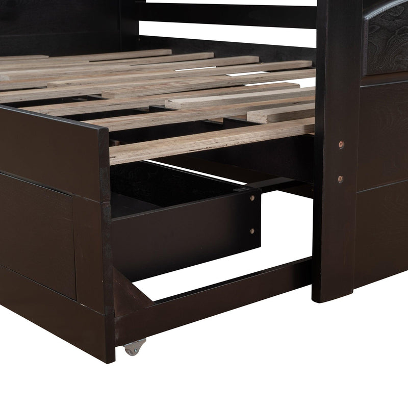 Wooden Daybed with Trundle Bed and Two Storage Drawers , Extendable Bed Daybed,Sofa Bed with Two Drawers, Espresso - Supfirm