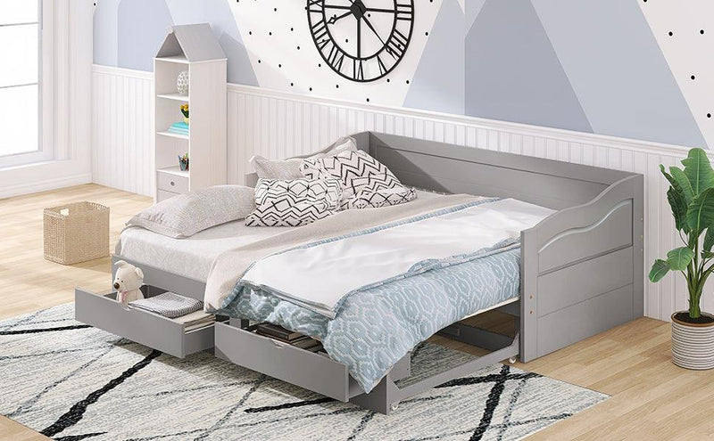 Wooden Daybed with Trundle Bed and Two Storage Drawers , Extendable Bed Daybed,Sofa Bed with Two Drawers, Gray - Supfirm