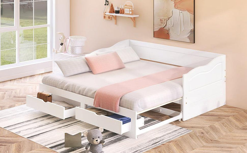 Wooden Daybed with Trundle Bed and Two Storage Drawers , Extendable Bed Daybed,Sofa Bed with Two Drawers, White - Supfirm