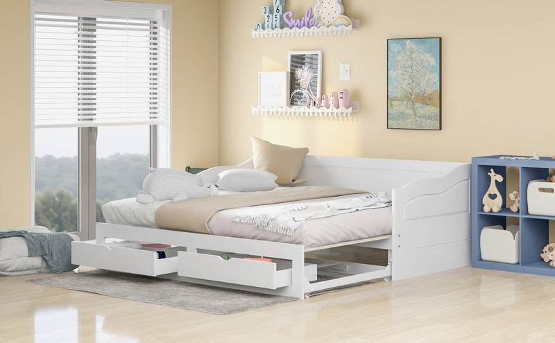 Wooden Daybed with Trundle Bed and Two Storage Drawers , Extendable Bed Daybed,Sofa Bed with Two Drawers, White - Supfirm