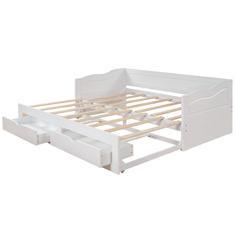 Wooden Daybed with Trundle Bed and Two Storage Drawers , Extendable Bed Daybed,Sofa Bed with Two Drawers, White - Supfirm