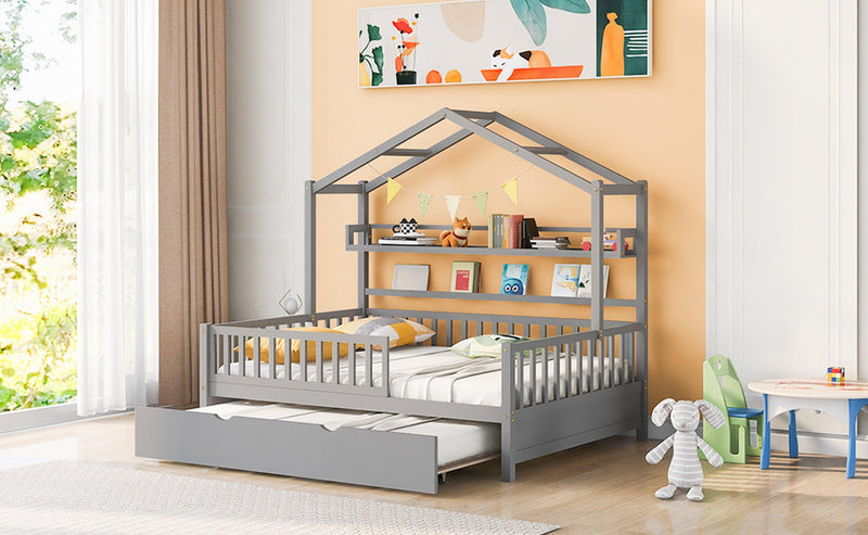 Wooden Full Size House Bed with Twin Size Trundle,Kids Bed with Shelf, Gray - Supfirm