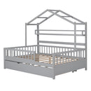 Wooden Full Size House Bed with Twin Size Trundle,Kids Bed with Shelf, Gray - Supfirm