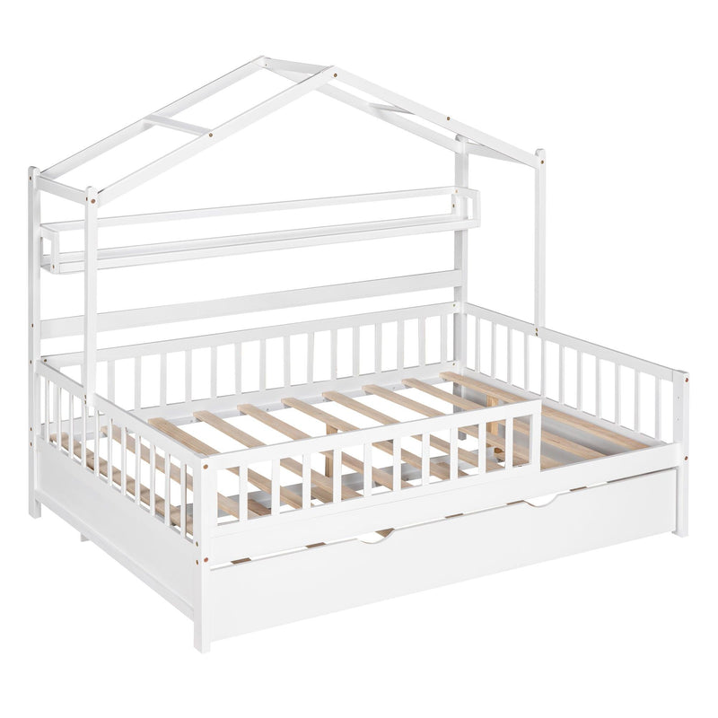 Wooden Full Size House Bed with Twin Size Trundle,Kids Bed with Shelf, White - Supfirm