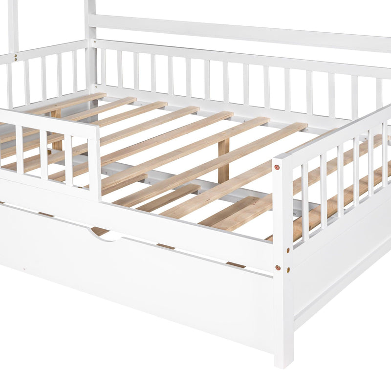 Wooden Full Size House Bed with Twin Size Trundle,Kids Bed with Shelf, White - Supfirm