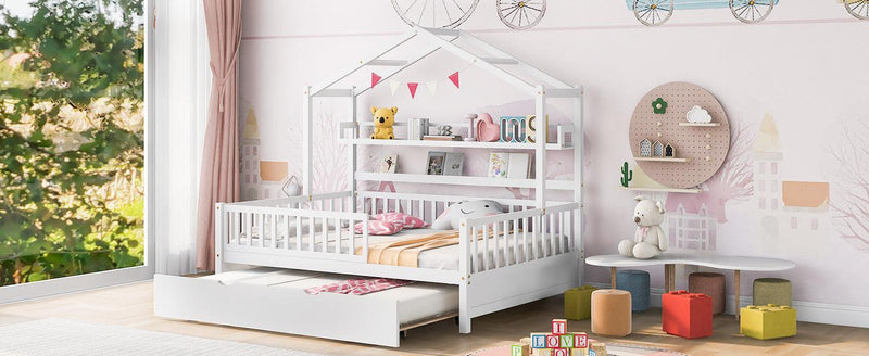 Wooden Full Size House Bed with Twin Size Trundle,Kids Bed with Shelf, White - Supfirm