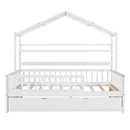 Wooden Full Size House Bed with Twin Size Trundle,Kids Bed with Shelf, White - Supfirm