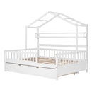 Wooden Full Size House Bed with Twin Size Trundle,Kids Bed with Shelf, White - Supfirm