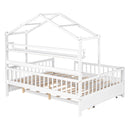 Wooden Full Size House Bed with Twin Size Trundle,Kids Bed with Shelf, White - Supfirm