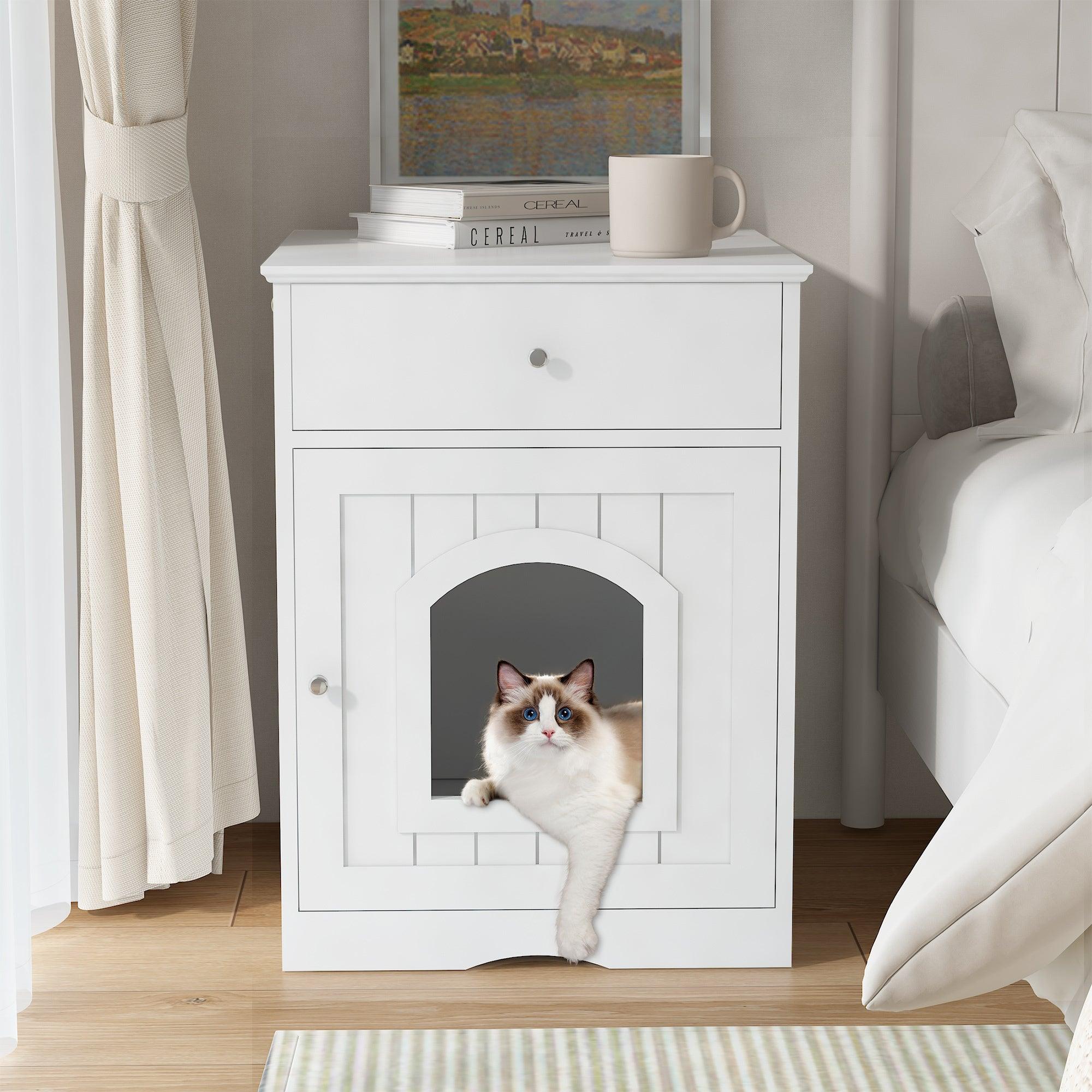 Uneeruiqy Wooden Pet House Cat Litter Box Enclosure with Drawer Side Table Indoor Pet Crate Cat Home Nightstand White