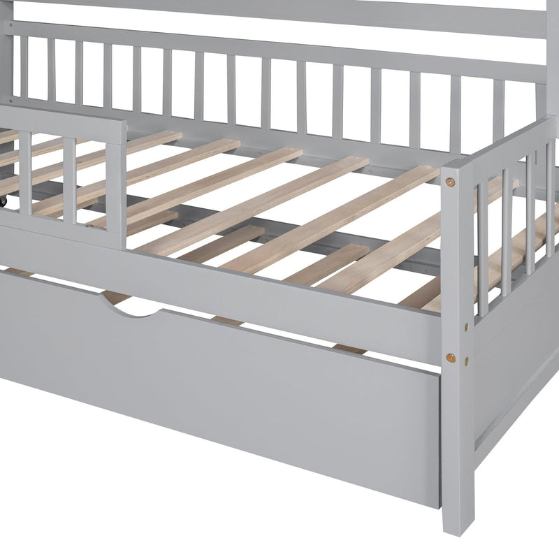 Wooden Twin Size House Bed with Trundle,Kids Bed with Shelf, Gray - Supfirm