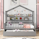 Wooden Twin Size House Bed with Trundle,Kids Bed with Shelf, Gray - Supfirm