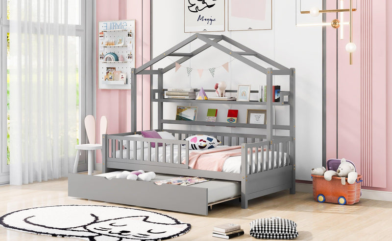 Wooden Twin Size House Bed with Trundle,Kids Bed with Shelf, Gray - Supfirm