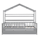 Wooden Twin Size House Bed with Trundle,Kids Bed with Shelf, Gray - Supfirm