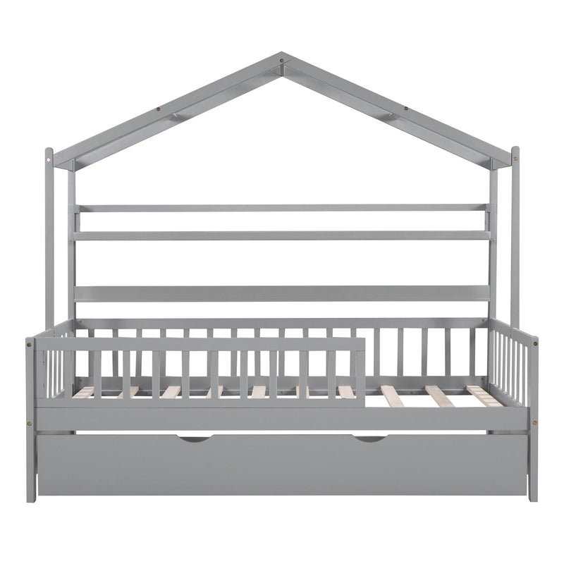 Wooden Twin Size House Bed with Trundle,Kids Bed with Shelf, Gray - Supfirm