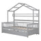 Wooden Twin Size House Bed with Trundle,Kids Bed with Shelf, Gray - Supfirm