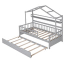 Wooden Twin Size House Bed with Trundle,Kids Bed with Shelf, Gray - Supfirm