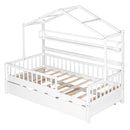 Wooden Twin Size House Bed with Trundle,Kids Bed with Shelf, White - Supfirm