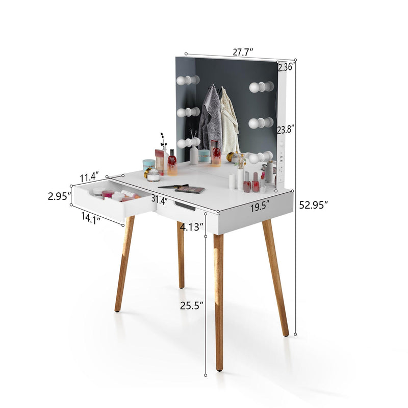 Wooden Vanity Table Makeup Dressing Desk with LED Light,dressing table with USB port,White - Supfirm