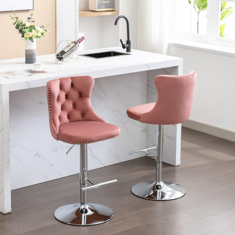 Swivel Velvet Barstools Adjusatble Seat Height from 25-33 Inch, Modern Upholstered Chrome base Bar Stools with Backs Comfortable Tufted for Home Pub and Kitchen Island, Pink,Set of 2,1712PK - Supfirm