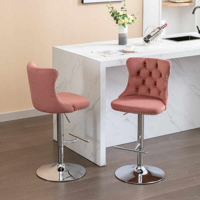 Swivel Velvet Barstools Adjusatble Seat Height from 25-33 Inch, Modern Upholstered Chrome base Bar Stools with Backs Comfortable Tufted for Home Pub and Kitchen Island, Pink,Set of 2,1712PK - Supfirm