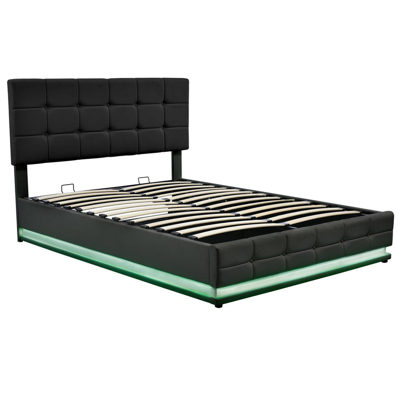 Tufted Upholstered Platform Bed with Hydraulic Storage System,Queen Size PU Storage Bed with LED Lights and USB charger, Black - Supfirm