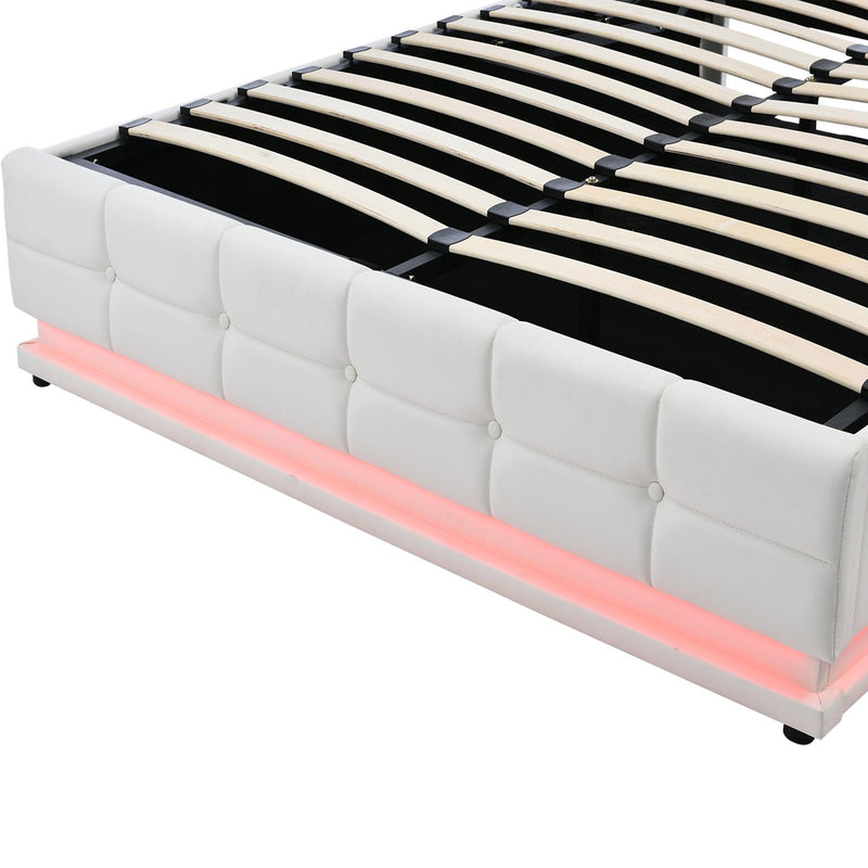 Tufted Upholstered Platform Bed with Hydraulic Storage System,Queen Size PU Storage Bed with LED Lights and USB charger, White - Supfirm