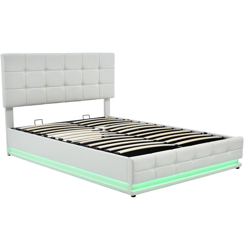 Tufted Upholstered Platform Bed with Hydraulic Storage System,Queen Size PU Storage Bed with LED Lights and USB charger, White - Supfirm