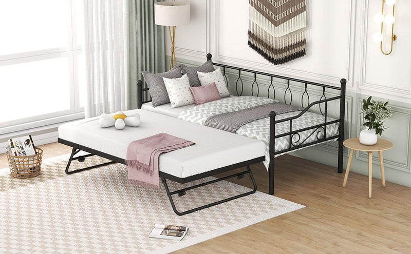 Twin Size Metal Daybed with Twin Size Adjustable Trundle, Portable Folding Trundle, Black - Supfirm