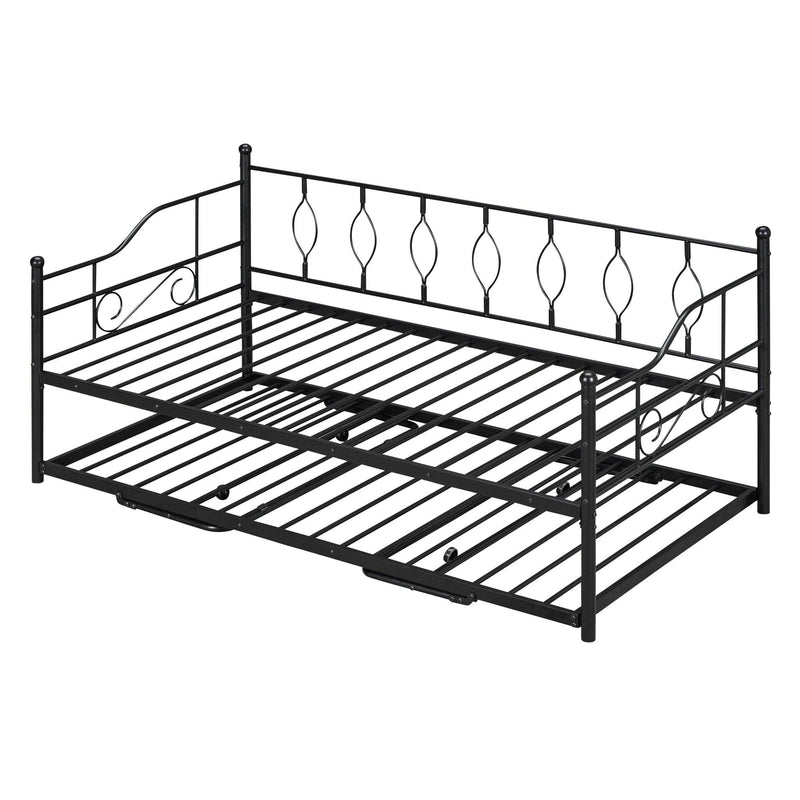 Twin Size Metal Daybed with Twin Size Adjustable Trundle, Portable Folding Trundle, Black - Supfirm