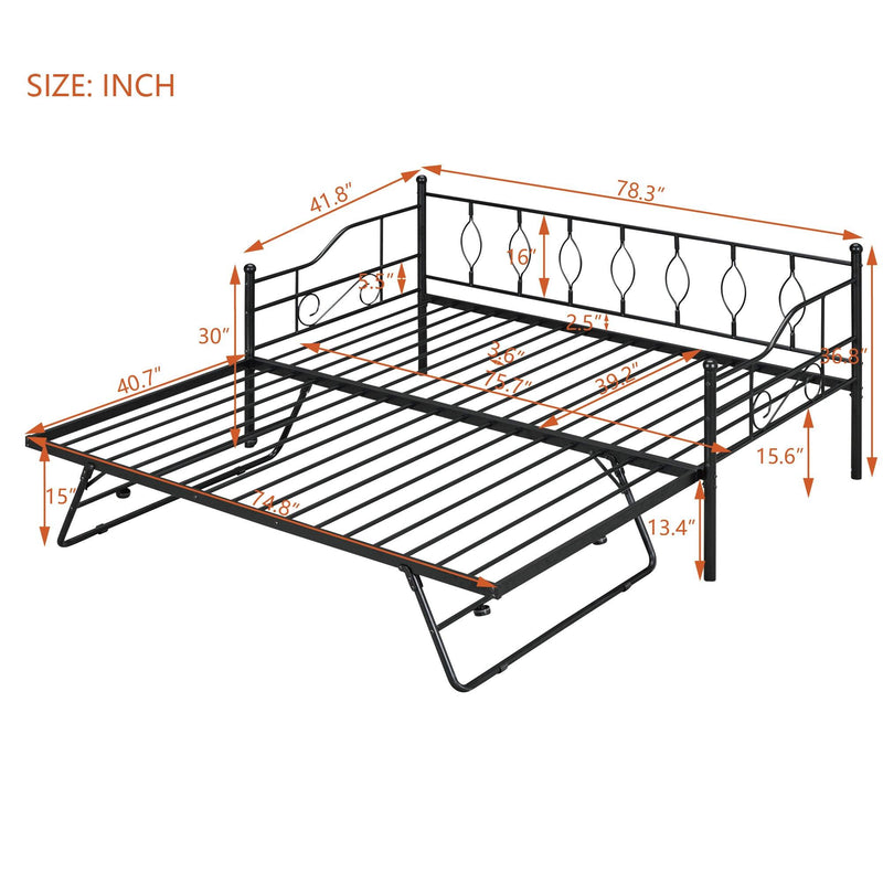 Twin Size Metal Daybed with Twin Size Adjustable Trundle, Portable Folding Trundle, Black - Supfirm