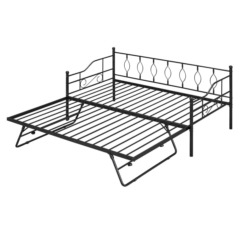 Twin Size Metal Daybed with Twin Size Adjustable Trundle, Portable Folding Trundle, Black - Supfirm