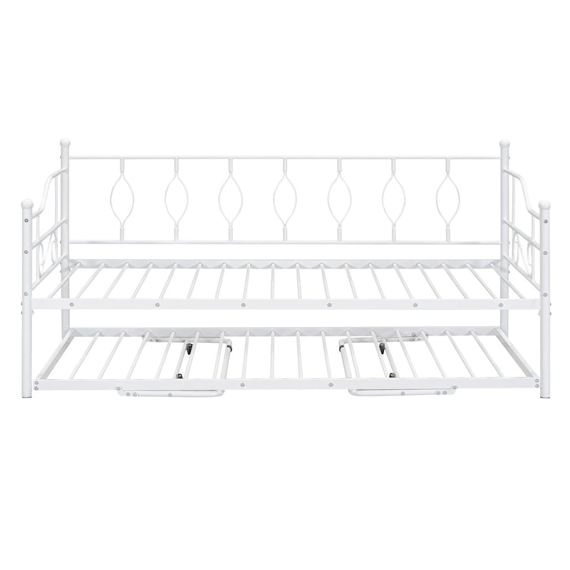 Twin Size Metal Daybed with Twin Size Adjustable Trundle, Portable Folding Trundle, White - Supfirm