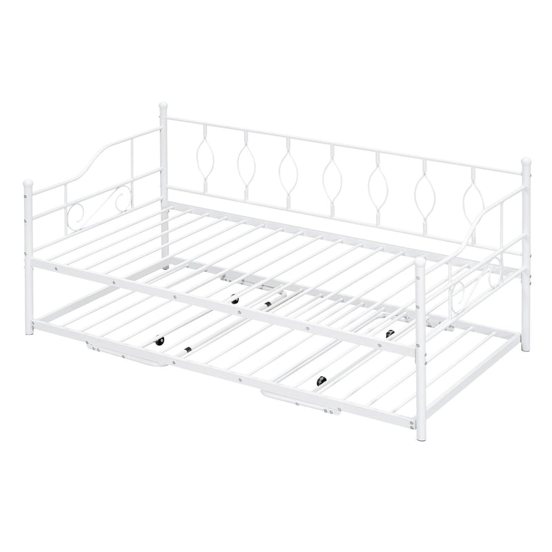 Twin Size Metal Daybed with Twin Size Adjustable Trundle, Portable Folding Trundle, White - Supfirm