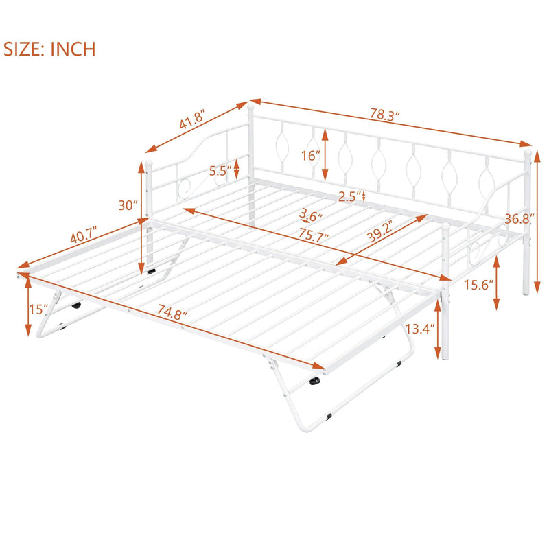 Twin Size Metal Daybed with Twin Size Adjustable Trundle, Portable Folding Trundle, White - Supfirm