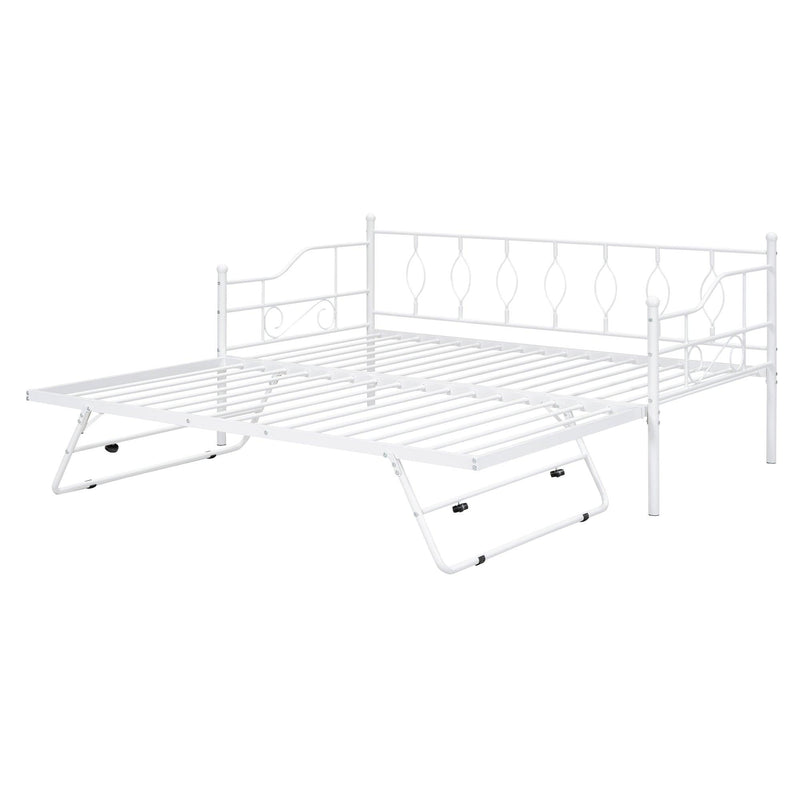 Twin Size Metal Daybed with Twin Size Adjustable Trundle, Portable Folding Trundle, White - Supfirm