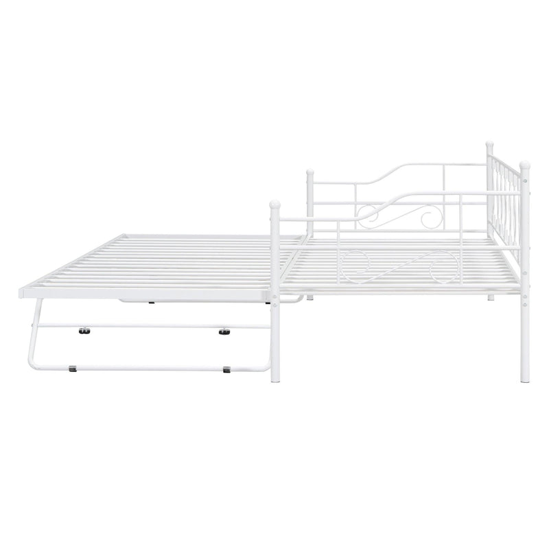 Twin Size Metal Daybed with Twin Size Adjustable Trundle, Portable Folding Trundle, White - Supfirm