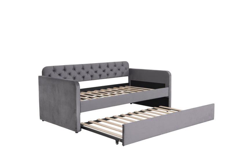 Twin Size Upholstered Daybed with Trundle and USB Charging Design, Velvet Upholstered Daybed Frame, Twin Sofa Bed for Living Room Bedroom, No Box Spring Needed,Plush velvet fabric dark grey 18