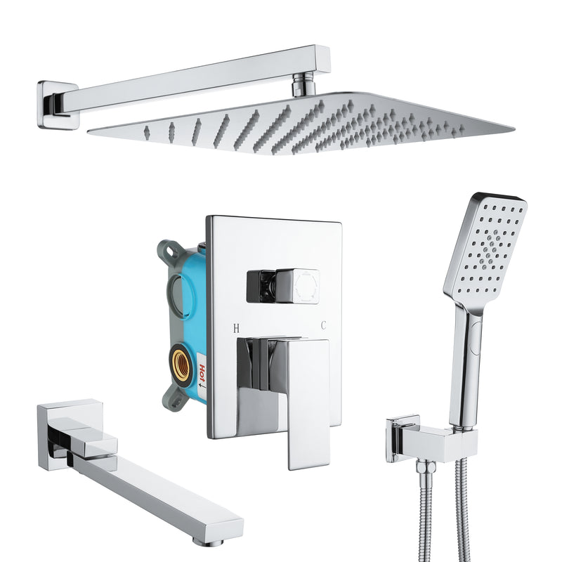 Supfirm Shower Faucet Set Anti-scald Shower Fixtures with Rough-in Pressure Balanced Valve and Embedded Box, Wall Mounted Rain Shower System