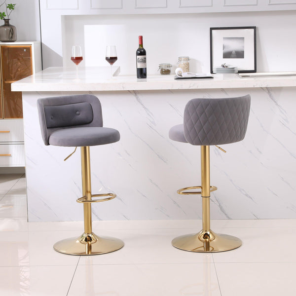 Modern Barstools Bar Height, Swivel Velvet Bar Stool Counter Height Bar Chairs Seat Adjustable Tufted Stool with Back& Footrest for Home Bar Kitchen Island Chair (Grey, Set of 2) - Supfirm