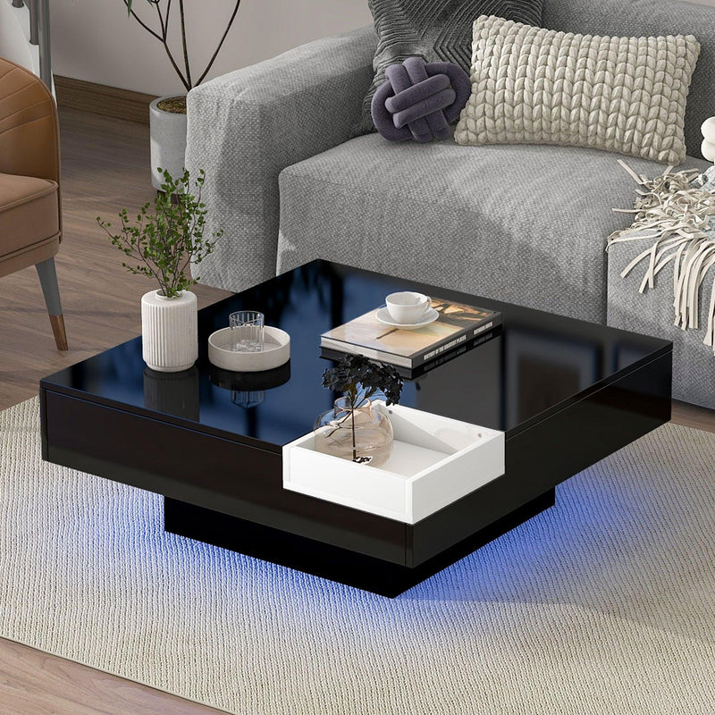 Supfirm Modern Minimalist Design 31.5*31.5in Square Coffee Table with Detachable Tray and Plug-in 16-color LED Strip Lights Remote Control for Living Room - Supfirm