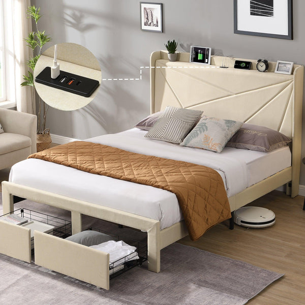 Queen Size Bed Frame with 2 Storage Drawers, Upholstered Bed Frame with Wingback Headboard Storage Shelf Built-in USB Charging Stations and Strong Wood Slats Support, No Box Spring Needed, Beige - Supfirm