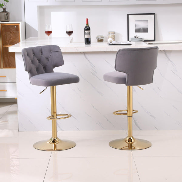 Modern Barstools Bar Height, Swivel Velvet Bar Stool Counter Height Bar Chairs Seat Adjustable Tufted Stool with Back& Footrest for Home Bar Kitchen Island Chair (Grey, Set of 2) - Supfirm