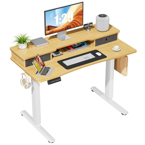 Sweetcrispy Home Office Height Adjustable Electric Standing Desk with Storage Shelf Double Drawer - Supfirm