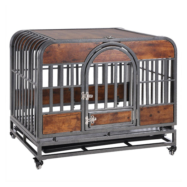 32in Heavy Duty Dog Crate, Furniture Style Dog Crate with Removable Trays and Wheels for High Anxiety Dogs - Supfirm