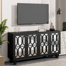 ON-TREND Buffet Cabinet with Adjustable Shelves, 4-Door Mirror Hollow-Carved TV stand for TVs Up to 65'', Multi-functional Console Table with Storage Credenza Accent Cabinet for Living Room, Black - Supfirm