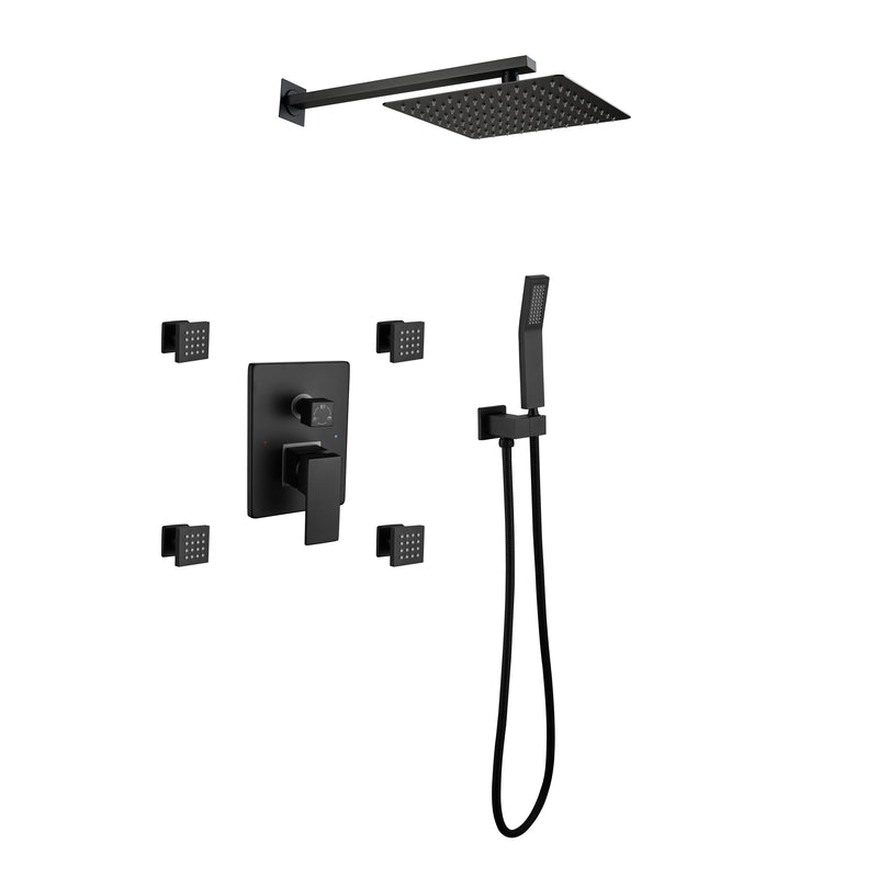 Supfirm Shower System, 10-Inch Matte Black Full Body Shower System with Body Jets, Square Rainfall Shower Head, Handheld Shower, and 3 Functions Pressure Balance Shower Valve, Bathroom Luxury Faucet Set.