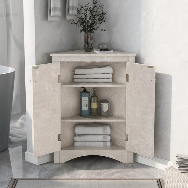 Supfirm White Marble Triangle Bathroom Storage Cabinet with Adjustable Shelves, Freestanding Floor Cabinet for Home Kitchen